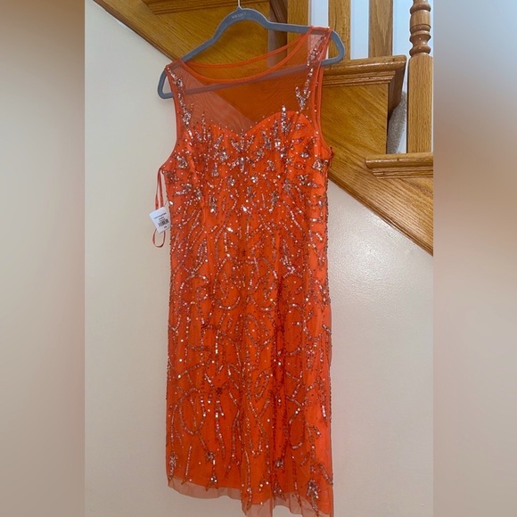 Women’s Formal Dress Size 12 MARINA Orange Beaded Midi Cocktail Party Gown NEW - Picture 9 of 13